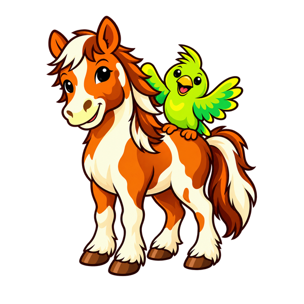 Paint horse and happy parrot